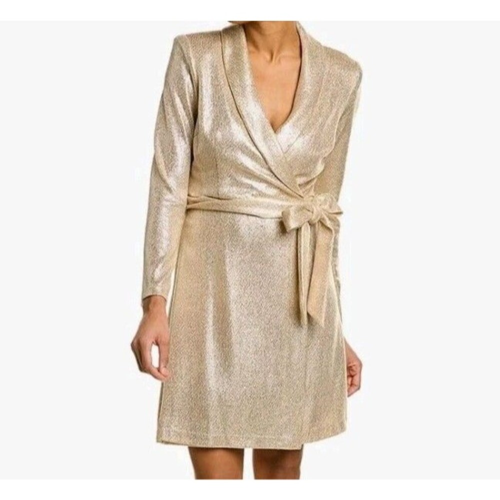 Adrianna Papell Women's Tuxedo Long Sleeve Sheath Dress Gold Size 6 Faux Wrap